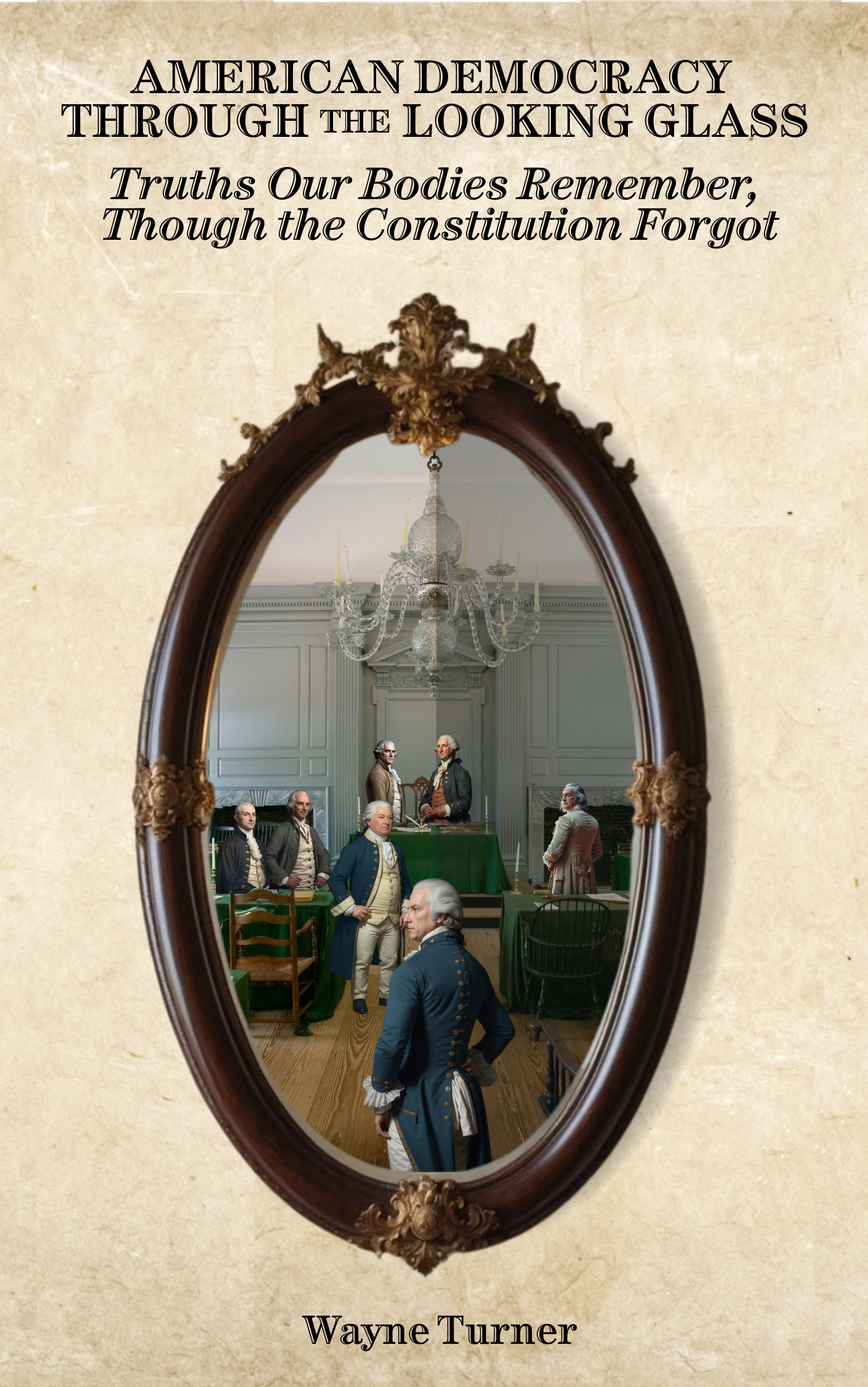 Seven founding fathers in Independence Hall - a fictional picture.