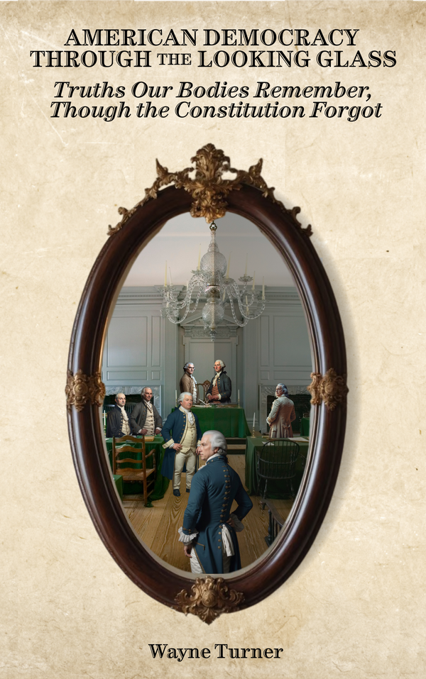 Seven founding fathers in Independence Hall - a fictional picture.